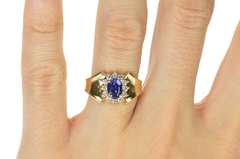 10K Yellow Gold Oval Syn. Sapphire Diamond Halo Engagement Ring