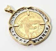 1900 $5 Gold Piece in 14K Pendant with Diamonds