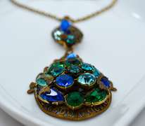 Vintage Necklace, Cluster Rhinestone Brass Dangle Pendant