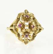 14K Yellow Gold 1960's Retro Ruby Flower Bouquet Cocktail Ring