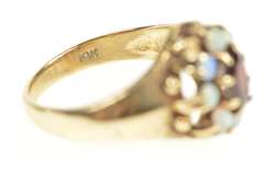 10K Yellow Gold Retro Oval Garnet Opal Halo Statement Ring