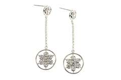 14K White Gold Round Floral Cluster Dangle Chain CZ Earrings