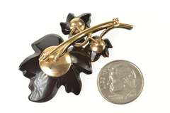 14K Yellow Gold 1960's Black Bakelite Diamond Leaf Cluster Pin/Brooch