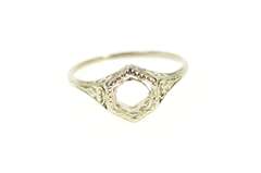 18K White Gold Art Deco Etched Filigree Engagement Setting Ring