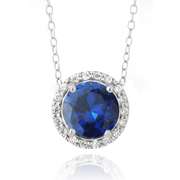 Sterling Silver 2.25ct Created Blue Sapphire & CZ Round Slide Necklace