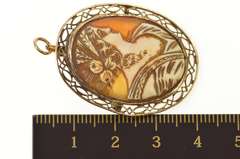 10K Yellow Gold Oval Ornate Carved Lady Cameo Filigree Pendant/Pin