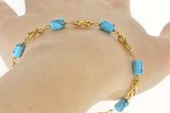 18K Yellow Gold Round Carved Turquoise Bead Twist Chain Bracelet
