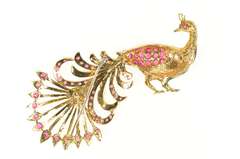 18K Yellow Gold 1960's Ruby Encrusted Peacock Statement Pin/Brooch