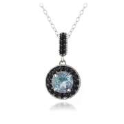 Sterling Silver 3.2ct Blue Topaz & Black Spinel Round Dangle Necklace