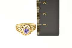 18K Yellow Gold Round Amethyst Greek Key Wave Filigree Ring