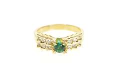18K Yellow Gold Round Syn. Emerald Diamond Engagement Ring