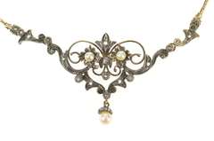 14K Yellow Gold Edwardian Diamond Pearl Scroll Pendant Necklace