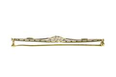 14K Yellow Gold Art Deco Filigree Diamond Syn. Sapphire Bar Pin/Brooch