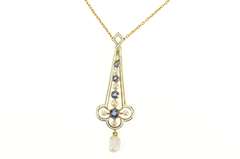 14K Yellow Gold Victorian Sapphire Pearl Enamel Drop Necklace