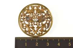 14K Yellow Gold 1940's Diamond Inset Scrollwork Round Pin/Brooch