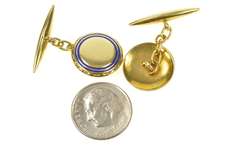 18K Yellow Gold Art Deco Blue Enamel Ornate Men's Cuff Links