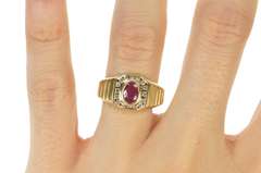 14K Yellow Gold 0.78 Ctw Oval Ruby Diamond Halo Squared Ring