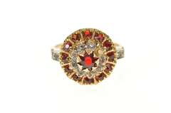 10K Yellow Gold Art Deco Red & White Rhinestone Halo Cocktail Ring