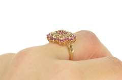 9K Yellow Gold Ruby Diamond Ornate Halo Filigree Cocktail Ring