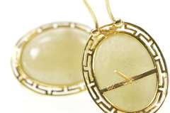 14K Yellow Gold Oval Jade Cabochon Greek Key French Clip Earrings