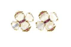 14K Yellow Gold 1930's Moonstone Ruby Clover Screw Back Earrings