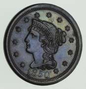 1850 Braided Hair Large Cent - BLUE Tone