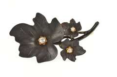 14K Yellow Gold 1960's Black Bakelite Diamond Leaf Cluster Pin/Brooch
