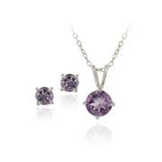 Sterling Silver 2ct TGW Amethyst Round Solitaire Pendant & Stud Earrings Set, 18"