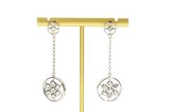 14K White Gold Round Floral Cluster Dangle Chain CZ Earrings
