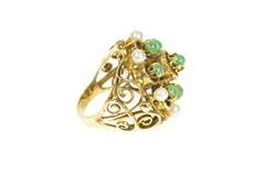 14K Yellow Gold 1960's Pearl Emerald Ornate Filigree Cocktail Ring