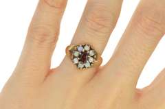 10K Yellow Gold Retro Oval Garnet Opal Halo Statement Ring