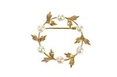 10K Yellow Gold Pearl Leaf Vine Circle Retro Statement Pin/Brooch