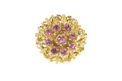 14K Yellow Gold 1960's Ruby Ornate Round Cluster Cocktail Ring