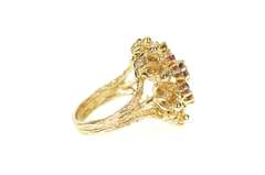 14K Yellow Gold 1960's Ruby Ornate Round Cluster Cocktail Ring