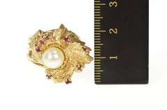 14K Yellow Gold Retro Pearl Ruby Floral Cocktail Statement Ring