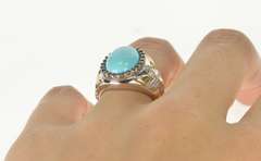 14K White Gold Oval Turquoise Diamond Halo Cross Christian Ring