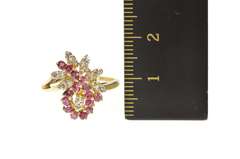 14K Yellow Gold Ruby Diamond Loop Cluster Statement Cocktail Ring