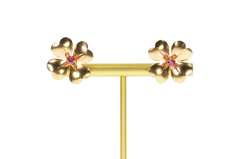 10K Yellow Gold Victorian Syn. Ruby Dogwood Flower Screw Back Earrings