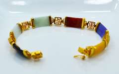 Gold Over Sterling Multi Color Jade Bracelet With Chinese Symbols