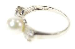 14K White Gold Pearl Inset Diamond Accent Bow Ribbon Ring
