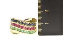 14K Yellow Gold Emerald Ruby Sapphire Tiered Wavy Band Ring
