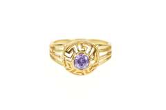 18K Yellow Gold Round Amethyst Greek Key Wave Filigree Ring