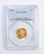 MS62 1859 $3.00 Indian Princess Head Gold 3 Dollar Piece Graded PCGS
