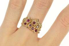 14K Yellow Gold Retro Ruby Inset Raw Textured Cluster Statement Ring