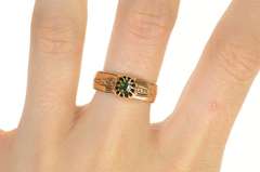 14K Yellow Gold Victorian Ornate Etched Syn. Emerald Ring