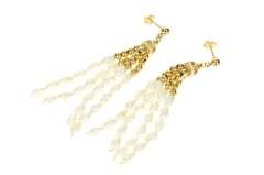 14K Yellow Gold Retro Pearl Fringe Dangle Ornate Statement Earrings