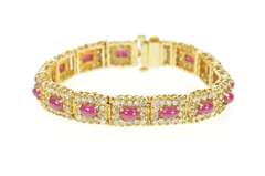14K Yellow Gold 13.80 Ctw Ruby Cabochon Diamond Halo Tennis Bracelet