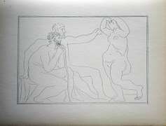 PABLO PICASSO, TWO SCULPTORS BEFORE A STATUE