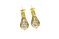 14K Yellow Gold Ornate Oval Kunzite Diamond Drop Dangle Earrings