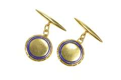 18K Yellow Gold Art Deco Blue Enamel Ornate Men's Cuff Links